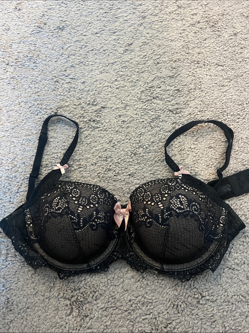 DKNY Black Lace Push-Up Bra with Pink Bow Accent